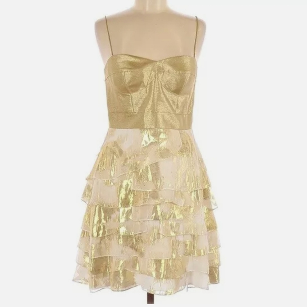 Aidan mattox ivory gold leaf ruffle short dress 8 HOCO cy